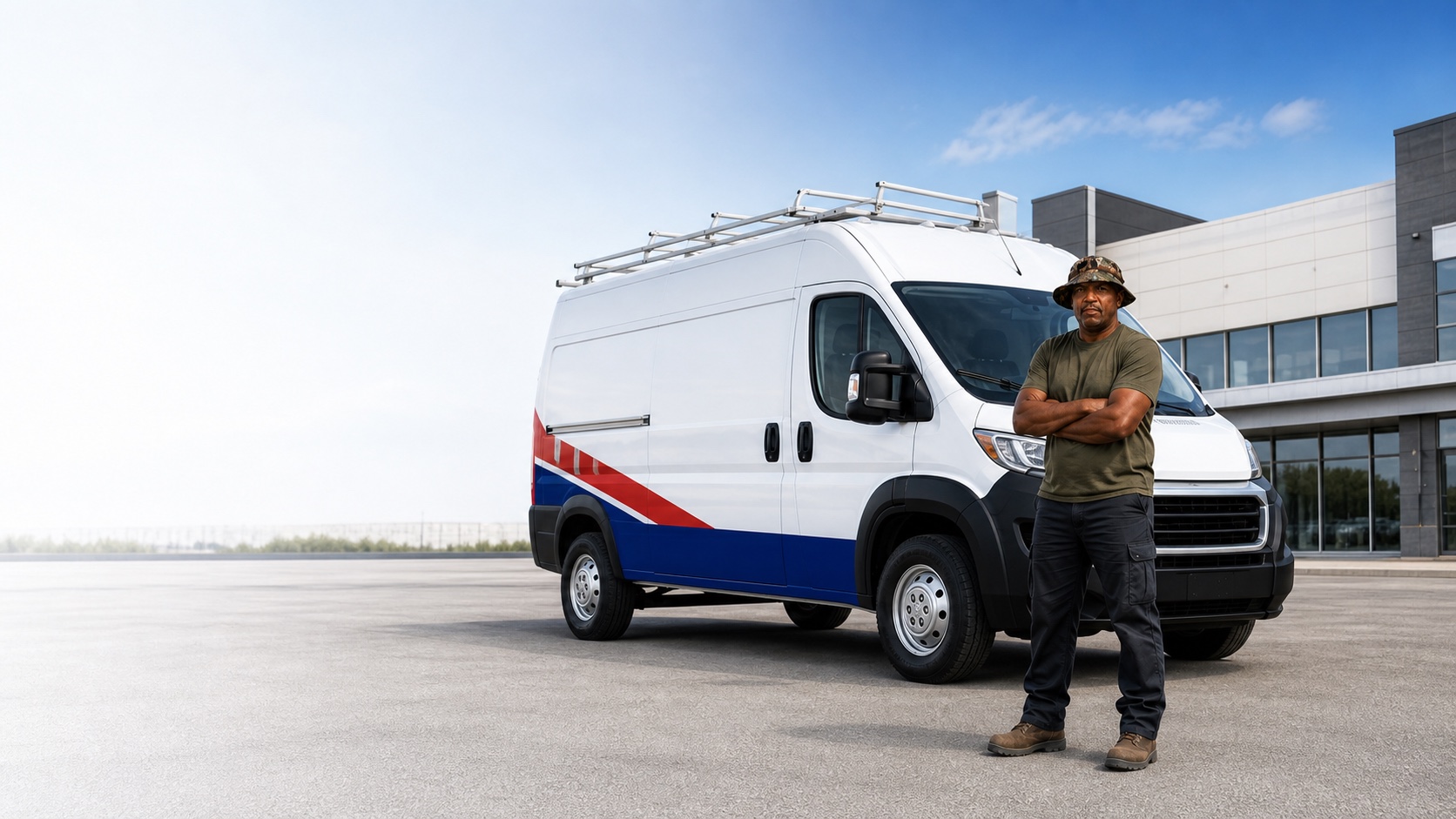 Bernard Gray standing beside an Eternity Mechanical Services work van